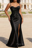 Satin Spaghetti Straps Black Prom Dress with Corset