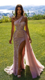 Pink Glitter Sequin Mermaid Long One Shoulder Applique High Slit Formal Prom Dresses Tulle Trailing Formal Evening Gown Party Dresses