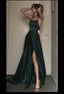 Sexy A Line Halter Dark Green Satin Long Formal Evening Gowns Formal Prom Dresses