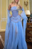 Sexy A Line Off The Shoulder Maxi Long Party Light Blue Chiffon Formal Prom Dresses Formal Evening Dresses