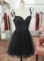 Black V Neck Beaded Tulle And Lace Formal Prom Dresses, Cute Black Homecoming Dresses