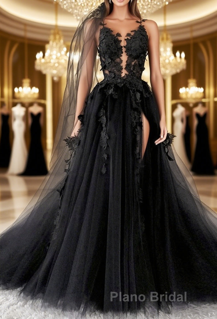 Sexy Backless Appliques Black Lace Long Formal Prom Dress, Black Lace