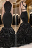 Sexy Black Backless Mermaid Ruffles Tiered African Long Lace Formal Prom Dresses