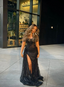 Sexy Black Lace Sequin Slit Long Formal Prom Dresses Mermaid Formal Evening Dresses