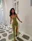 Sexy Green Sheath Spaghetti Strap Beaded Tulle Formal Prom Dresses Formal Evening Dresses With Slit