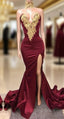 Sexy Mermaid Front-Split Lace High Neck Burgundy Formal Prom Dresses