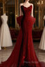Sexy Mermaid Strapless Red Lace Long Formal Prom Dresses