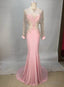 Sexy Pink Long Sleeve Beaded Chiffon Long Prom Dress
