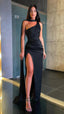 Sexy Formal Prom Dresses Black One Shoulder Sleeveless Side High Slit Pleat Party Gowns With Shawl Simple Long Formal Evening Dresses