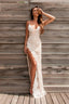 Sexy Spaghetti Straps Floor Length Backless Side Slit Appliques Formal Prom Dresses