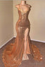 Sexy Spaghetti Straps V-Neck Mermaid Prom Dress Sequins Long Chiffon Gold With Split