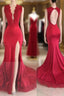 Sexy Split Backless V-Neck Lace Red Formal Prom Dresses