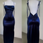 Sexy Sheath Spaghetti Straps Backless Navy Blue Satin Formal Prom Dresses Formal Evening Dresses