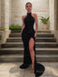 Sheath/Column Halter Sweep Train Sequins Prom Dresses With Leg Slit