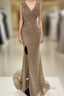 Sheath / Column Formal Prom Dresses Sparkle & Shine Dresses Cocktail Party Sweep / Brush Train Sleeveless V Neck Sequined With Glitter Ruched Slit