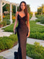 Sheath/Column V-neck Sweep Train Elastic Woven Satin Prom Dresses With Appliques Lace