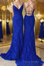 Sheath/Column V-neck Sweep Train Lace Formal Prom Dresses