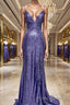 Sheath/Column V-neck Sweep Train Sequins Formal Prom Dresses With Leg Slit