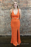 Sheath Deep V Neck Orange Sequins Backless Long Prom Dress