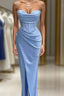 Sheath Spaghetti Straps Satin Pleated Light Blue Long Formal Dresses Bridesmaid Dresses Evening Gown Formal Prom Dresses With Slit