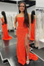 Sheath Strapless Orange Sequins Long Prom Dress with Split Front
