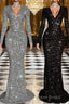 Sheath V-neck Long Sleeves Ruffles Sweep Train Velvet Sequins Dresses