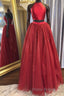 Shiny 2 Pieces Halter Neck Red Long Formal Prom Dress, Two Pieces Red Formal Graduation Evening Dress