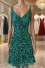 Shiny Green Sequins V Neck Short Formal Prom Dresses, V Neck Green Homecoming Dresses, Green Formal Evening Dresses