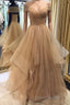 Shiny Off Shoulder Champagne Long Formal Prom Dress, Off the Shoulder Champagne Formal Dress, Fluffy Champagne Evening Dress