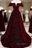 Shiny Off The Shoulder Burgundy Long Formal Prom Dresses, Wine Red Long Formal Evening Dresses