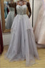 Shiny Open Back Gray Lace Long Formal Prom Dresses, Gray Lace Formal Dresses, Long Grey Evening Dresses