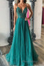 Shiny V Neck Backless Beaded Green Tulle Long Formal Prom Dress, Green Lace Formal Dress, Beaded Evening Dress