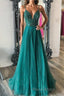 Shiny V Neck Backless Beaded Green Tulle Long Formal Prom Dress, Green Lace Formal Dress, Beaded Evening Dress