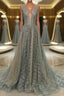 Shiny V Neck Open Back Champagne Long Formal Prom Dresses, Champagne Formal Graduation Evening Dresses