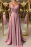 Shiny V Neck Pink Long Formal Prom Dresses, Pink V Neck Long Formal Evening Dresses