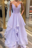 Shiny V Neck Purple Lace Long Formal Prom Dresses, Purple Lace Formal Evening Dresses, Purple Ball Gown