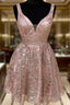 Shiny V Neck Short Champagne Formal Prom Dresses, Short V Neck Champagne Graduation Formal Dresses