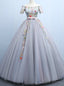 Shop Designer Gray Ball Gown Tulle Off the Shoulder Short Sleeve Embroidery