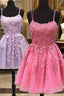 Short A Line Thin Straps Purple/Hot Pink Lace Formal Prom Dresses, Purple/Hot Pink Lace Homecoming Dresses, Lilac/Hot Pink Short Formal Dresses
