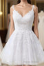 Short A-line V-neck Tulle Lace Backless Formal Prom Dresses white Homecoming Dresses