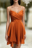Short Burnt Orange Satin Cocktail Dresses V-neck Semi Prom Dresses