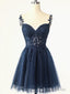 Short Dark Navy Blue Lace Prom Dresses, Dark Blue Lace Formal Homecoming Dress