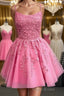 Short Pink Backless Lace Formal Prom Dresses, Short Pink Open Back Formal Homecoming Dresses