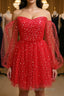 Short Red Long Sleeves Tulle Formal Prom Dresses, Short Red Long Sleeves Formal Homecoming Dresses