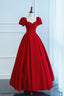 Short Sleeves Dark Red Long Prom Dresses, Dark Red Long Formal Evening Dresses