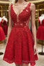 Short V Neck Lace Formal Prom Dresses, Short Red V Neck Lace Homecoming Graduation Dresses