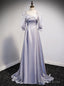 Silver Gray Square Short Sleeve Long Prom Dress