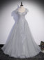 Silver Gray Tulle Appliques Beading Prom Dress