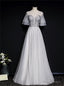 Silver Gray Tulle Short Sleeve Beading Sequins Prom Dress