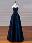 Simple A-Line Dark Blue Satin Long Formal Prom Dresses, Dark Blue Long Formal Dresses